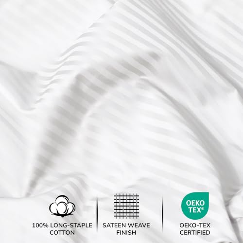 White Stripe King Size Cotton Sateen Bed Sheet Set - 500 TC, 4-Piece