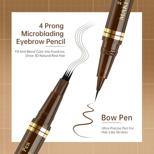 MAKI YIKA Microblading Eyebrow Pencil, Waterproof Eyebrow Pen with 4 Tip Brow Pen and Precise Brow Pencil to Create Natural Hair-Like Brows with Dual-ended Eyebrow Brush (A-Brown)