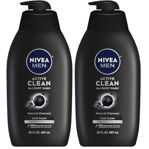 NIVEA MEN Active Clean Body Wash with Natural Charcoal for Normal to Oily Skin,3-in-1 Charcoal Body Wash,Face and Hair,Draws Out Dirt and Impurities,30 Fl Oz Bottle,(Pack of 2)