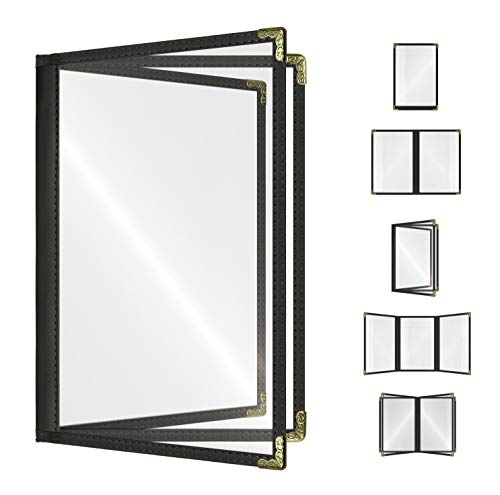3 Pages / 6 Views Menu Covers - 8.5x11 Black Vinyl with Gold Corners - Side-Loading Cafe Covers - Variation of THIS listing