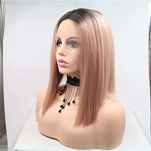 Pink Lace Front Wig 16 Inch Short Straight Peach Ombre Wigs for Women & Drag Halloween