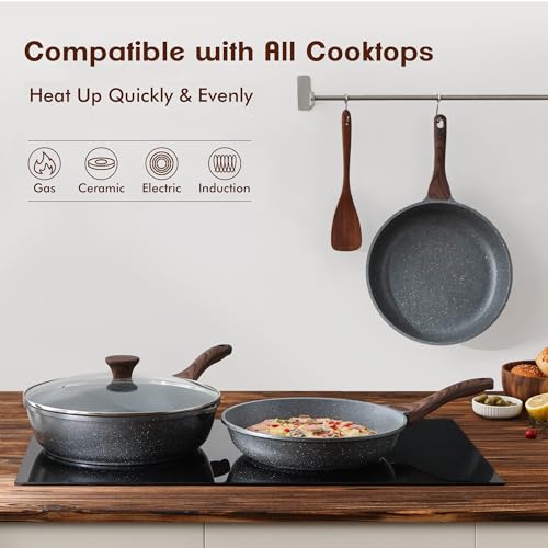 Grey Nonstick Granite Coating Frying Pans Set - 10 & 12 Inch, Induction Compatible