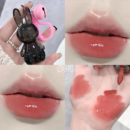 Petansy Cute Rabbit Jelly Lip Gloss Moisturizing Hydrating Non-Stick Cup Lip Glaze Set Plumping Lip Gloss Mirror Liquid Lipsticks Lip Tint Gloss Balm Makeup Lip Kit
