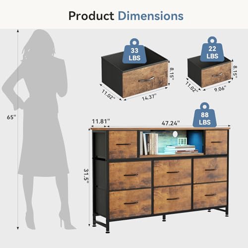 Brown LED TV Stand with Charging Station and 8 Fabric Drawers - 47.2 Inch