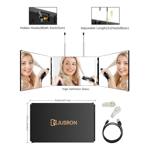 JUSRON 360 Viewing Angle Self Hair Cutting Mirror, Clear Anti-Fog HD Glass, USB Rechargeable, Easy to Use, Height Adjustable, Portable, Good Choice for Gifts