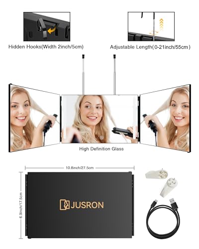 JUSRON Black LED 360° Self-Hair Cutting Mirror with Anti-Fog HD Glass, USB Rechargeable