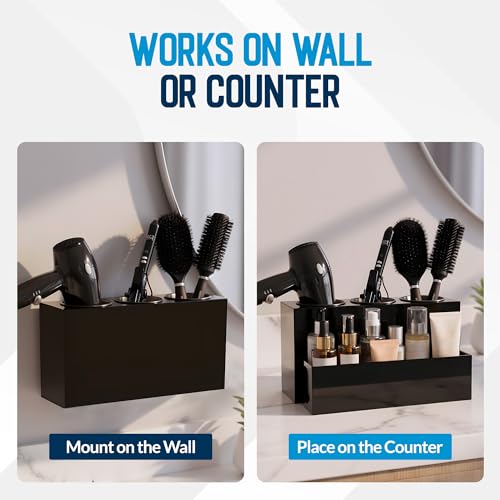 Hair Tool Organizer for Bathroom Vanity ? Blow Dryer Holder with Stainless Cups for Hair Dryer, Curling Iron & Straightener, Countertop Hot Tools Holder and Hair Tool Storage (BLACK)