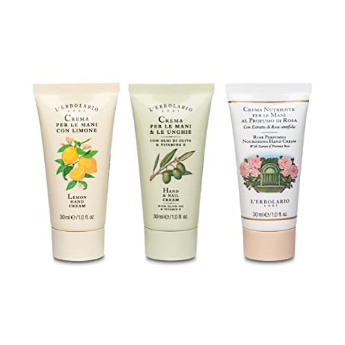 L'Erbolario Hand Cream Collection 2 - Olive Oil Cuticle and Nail Care Lotion - Lemon and Rose Perfumed Moisturizing Hand Lotion for Smooth Skin - 3 Pc
