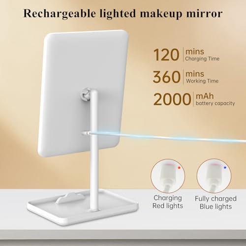 FUNTOUCH Vanity Mirror with Lights, Rechargeable Makeup Mirror with Lights,Smart Touch with 3-Color Lighting, Dimmable, Detachable 10X Magnification for Vanity Desk Tabletop,White
