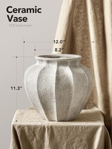 LE TAUCI Weathered White Ceramic Vase 11.3 Inch - Sandstone Finish, Farmhouse Decor
