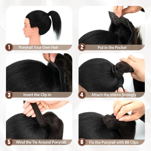 Natural Black 16 Inch Human Hair Ponytail Extension - Clip-In & Wrap Around US