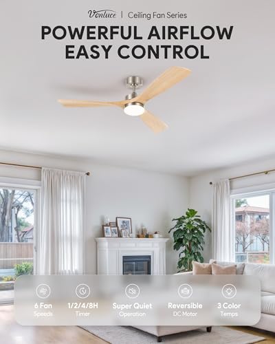 VONLUCE 52-Inch Natural Wood & Nickel Ceiling Fan with Lights, Remote
