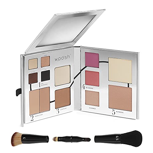Woosh Beauty, The Fold Out Face Palette w/Secret Brush, Travel, All in One Neutral Cream & Powder Kit, 4 in 1 Nested Makeup Brush (#1 Light)
