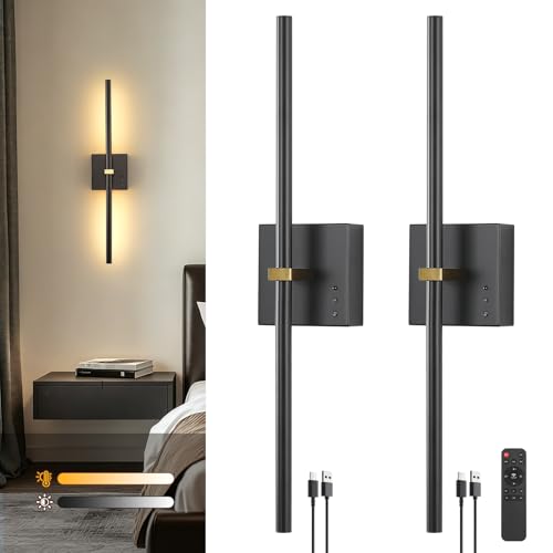 Joossnwell Black & Gold Battery Operated Wall Sconces Set of 2, 24 Inch Modern Wireless Lighting with Dimmable LEDs