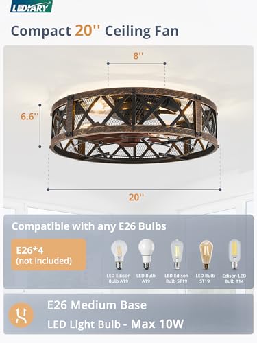 20-Inch Black Gold Caged Farmhouse Ceiling Fan with Light - Flush Mount