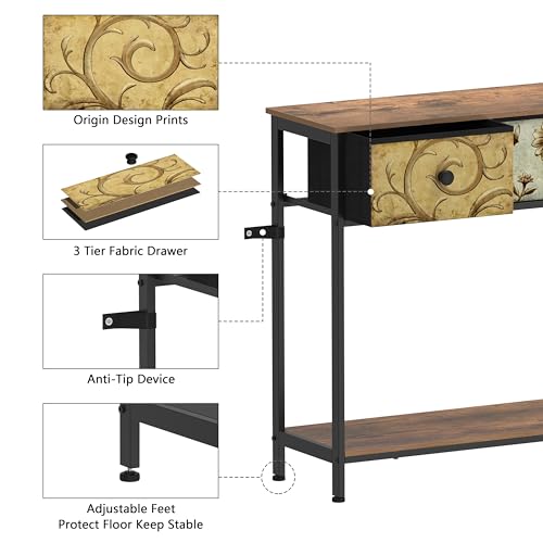 Entryway Console Table with Retro Flower Fabric Drawers and Open Shelf - Narrow Sofa Table for Hallway Living Room Foyer - Variation: Retro Flower / 3 Drawers