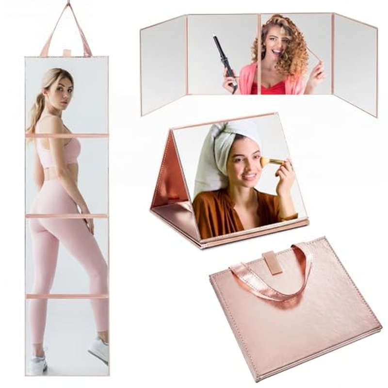 3 Way Foldable Full Length Mirror with Handle 31.89 x 11.22 Inches Leather Portable Camping Travel Hanging Folding Body Mirror for Makeup Dance Home Fitness Spa Hair Styling(Rose Gold)