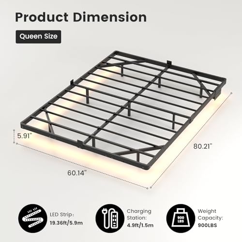 Queen Floating Bed Frame with Smart LED Lights & USB Charging Station
