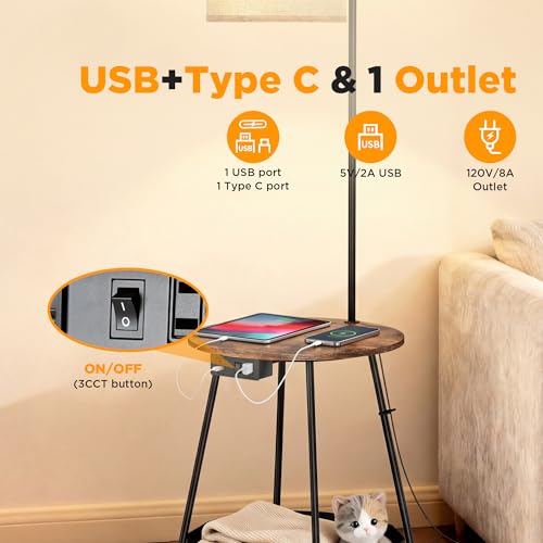 Rustic Brown Floor Lamp with Table & Charging Station - Modern Nightstand with USB & Type-C Ports