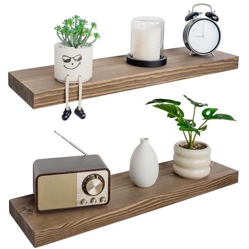 Dark Walnut 30 Inch Floating Wall Shelves Set of 2 - Rustic Wooden Wall Mount Shelves