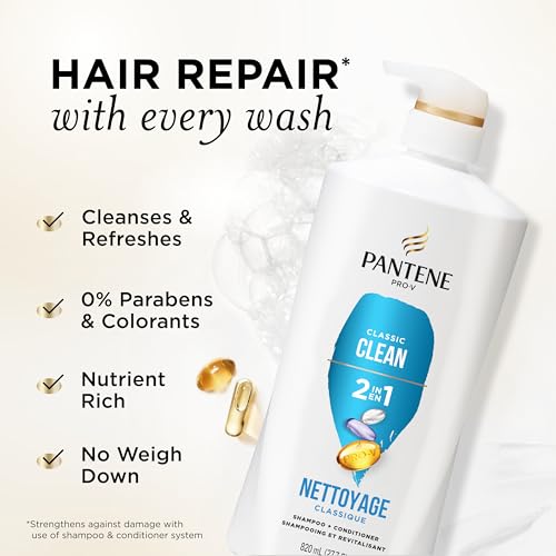 Pantene 2-in-1 Shampoo & Conditioner, Classic Clean - Pro-V Nutrients for Dry, Color-Treated Hair, Healthy Looking Hair Every Wash, Antioxidant-Rich, 27.7 Oz Each, 2-Pack + Rescue Shot (0.5 Oz)
