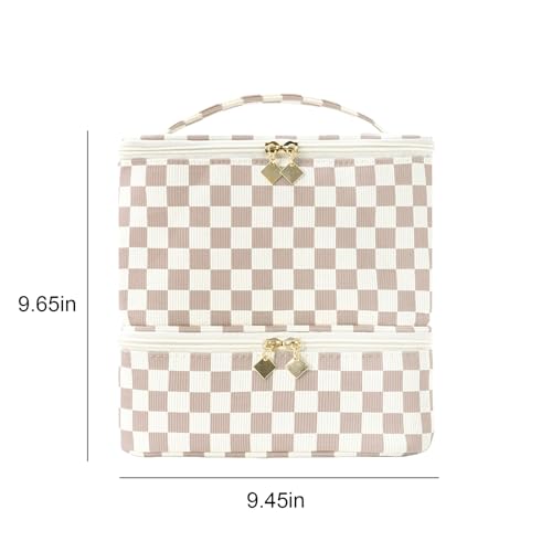 KhaKi Checkered Nail Polish Organizer Bag Holds 30 Bottles 2-Layer Travel Case