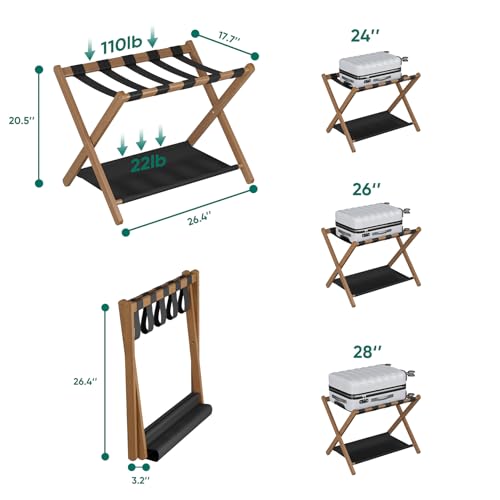 Walnut Bamboo Luggage Rack Set of 2 - Foldable Suitcase Stand with Storage Shelf