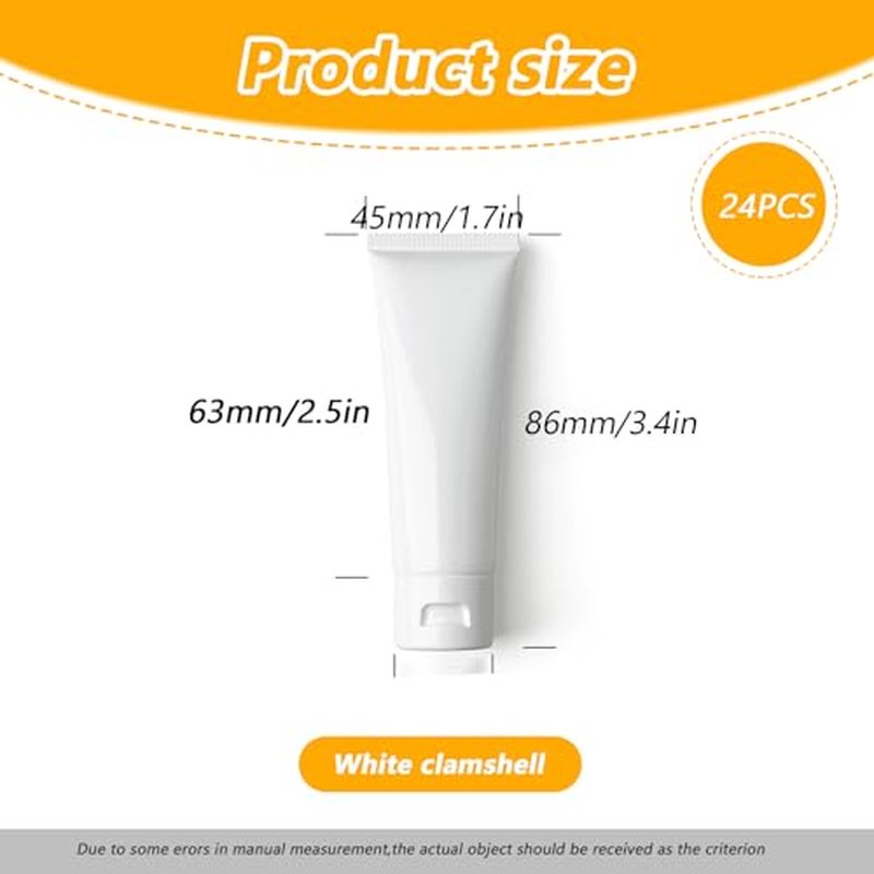 24PCS 30ML/1oz Empty Refillable Cosmetic Squeeze Tube Bottle Containers Jars Pot With Flip Cap For Makeup Shampoo Facial Cleanser Body Cream Shower Gel Liquids Lip Gloss (White) (Pack of 2)