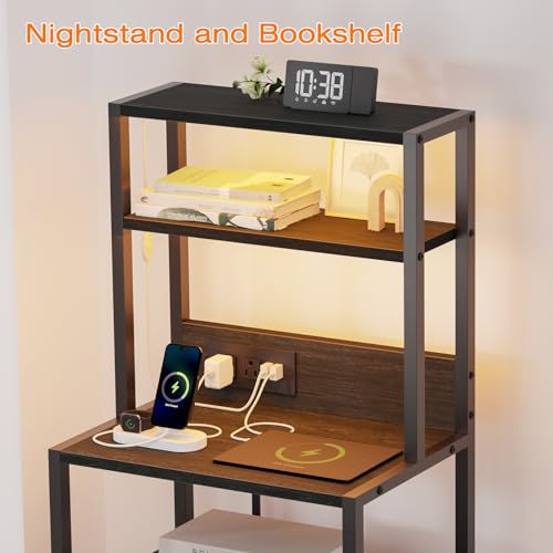 Furnulem Night Stand with 4 Shelves, 2 Fabric Drawers, Black Oak, 2 Drawer - Tall Bedside Table with Charging & LED Lights