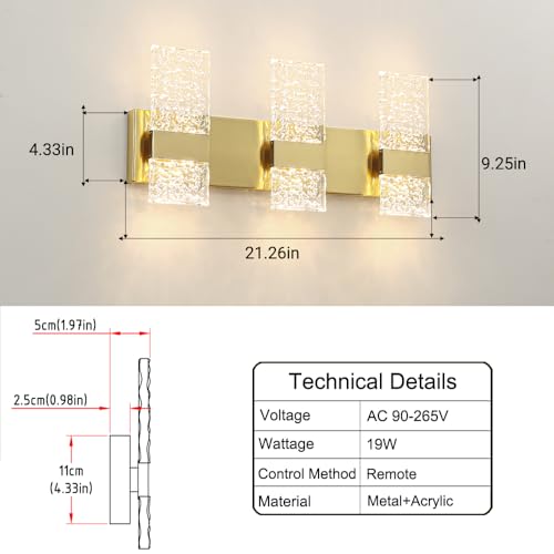 Ditoon Gold 3-Light Bathroom Vanity Light with Dimmable 3CCT LED Fixture, Large