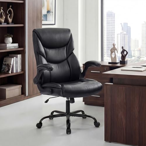 Ergonomic PU Leather Office Chair with Flip-up Armrests, High Back Support