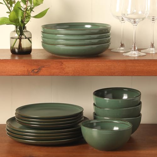 Gibson Elite Beckett Green 16-Piece Stoneware Dinnerware Set for 4 - Matte Reactive Glaze