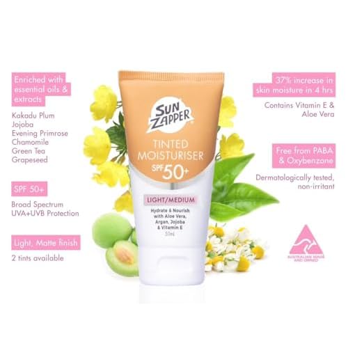Sun Zapper BB Cream Tinted Moisturizer Sunscreen SPF 50+ Light Medium ? Face Sunscreen with Kakadu Plum and Jojoba Oil, Broad Spectrum UV Protection, Botanical Oils, 50mL (1.69 oz), Australian Made