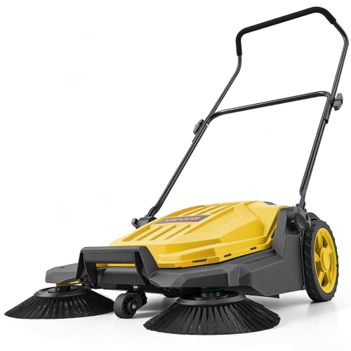 VEVOR Walk-Behind Hand Push Floor Sweeper - Yellow, 25.6-Inch Sweeping Width, 5-Gallon Waste Container, Adjustable Folding Handle