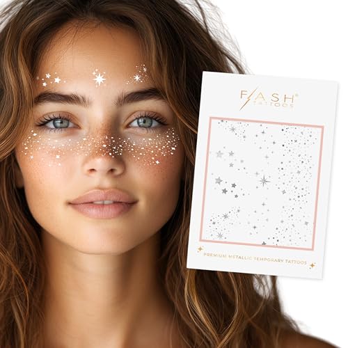 Flash Tattoos Fairy Dust Metallic Temporary tattoos-2 sheet mini pack | Includes over 23 premium silver foil giltter tattoos | face glitter, face gems, festival, face freckles, celestial, moon