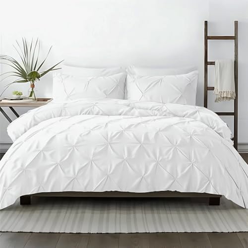 King Size Pink Pinch Pleated Duvet Cover Set - 100% Egyptian Cotton 600 Thread Count - No Comforter - White - Variation 01