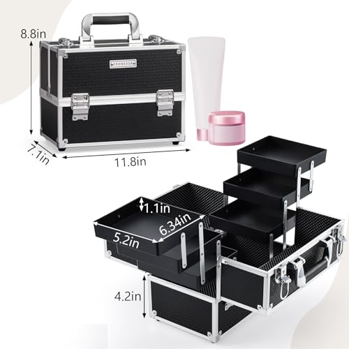 FRENESSA Black Makeup Train Case with 6 Trays 11.8 Inch Portable Cosmetic Organizer