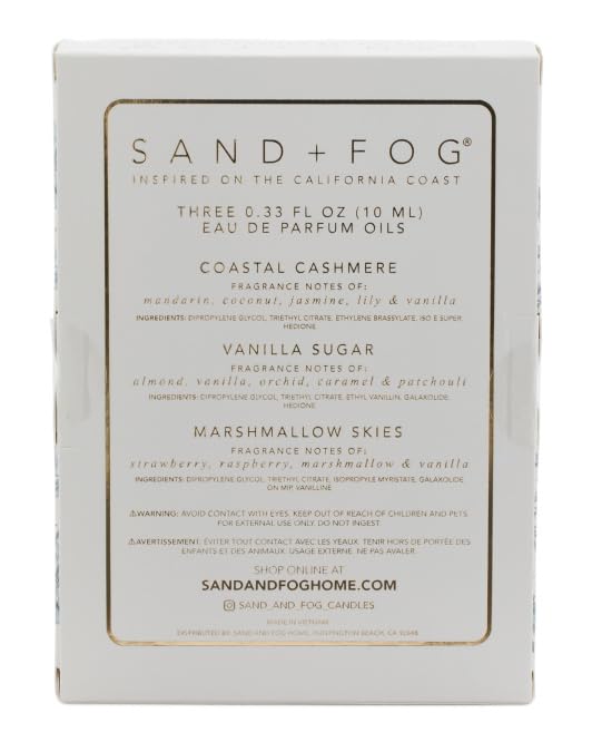 Sand + Fog Eau de Parfum Oil Set - Coastal Cashmere, Vanilla Sugar, Marshmallow Skies - 3 Piece Collection with Rollerball Applicators
