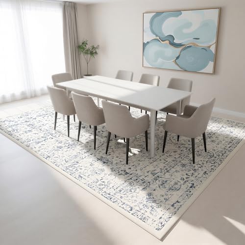 8' x 10' Boho Washable Area Rug for Living Room and Bedroom - White Blue