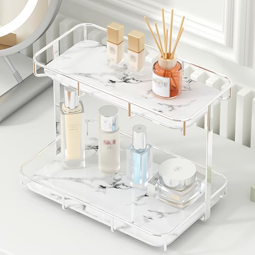 Dobbyby 2 Tier XL Silver Bathroom & Makeup Organizer - Marble Ceramic Tray