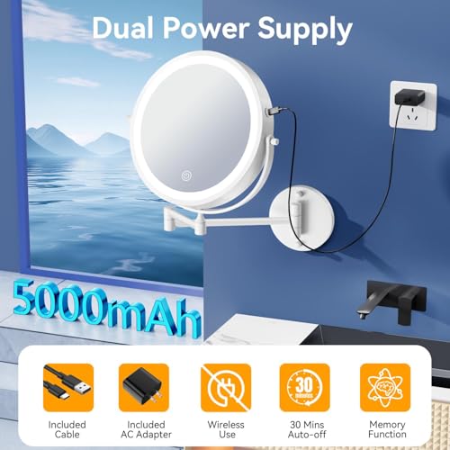 9'' 30X/1X Wall Mounted Lighted Makeup Mirror, 5000mAh Rechargeable Double-Sided Magnifying Mirror with Light, Vanity Mirror Touch Dimmable 3 Colors 360¡Æ Rotation Extended Foldable Arm, Power Adapter