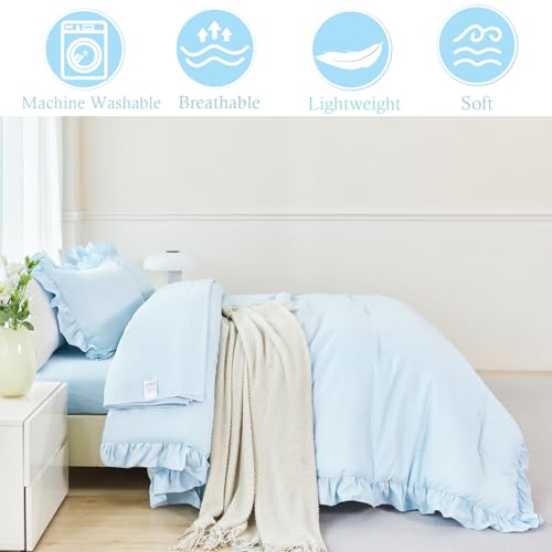 ANGIYUIN Light Blue Queen Comforter Set 5Pcs Ruffle Bedding Vintage Farmhouse Bed in a Bag for Girls Women