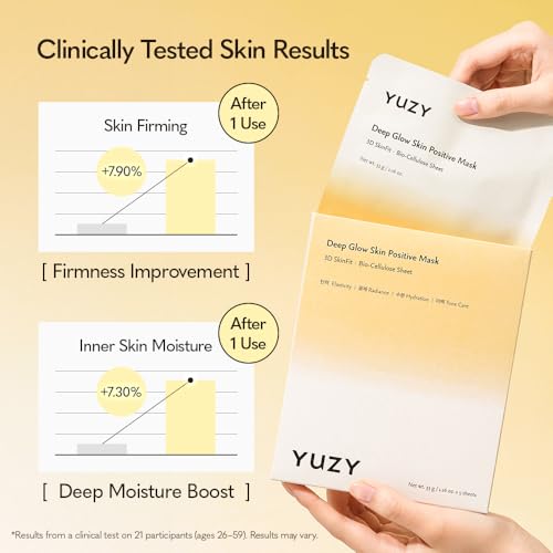 YUZY Deep Glow Vegan Sheet Mask with Peptide & Yuzu Extract, Hydrating Korean Face Mask 5 Sheets