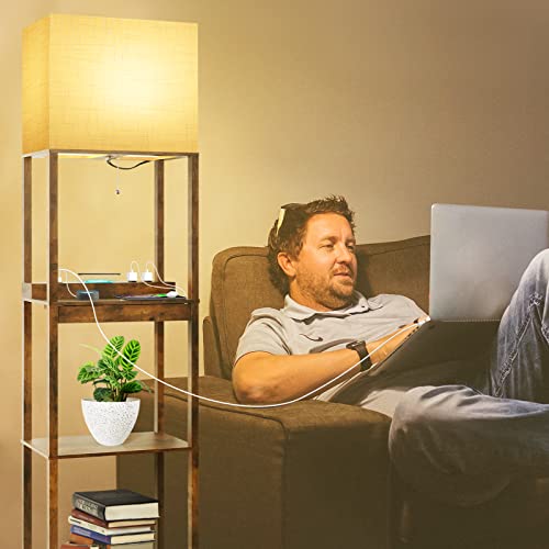 RUNTOP Upgraded Floor Lamp with Shelves and Wireless Charger - Brown with Drawer & USB Ports