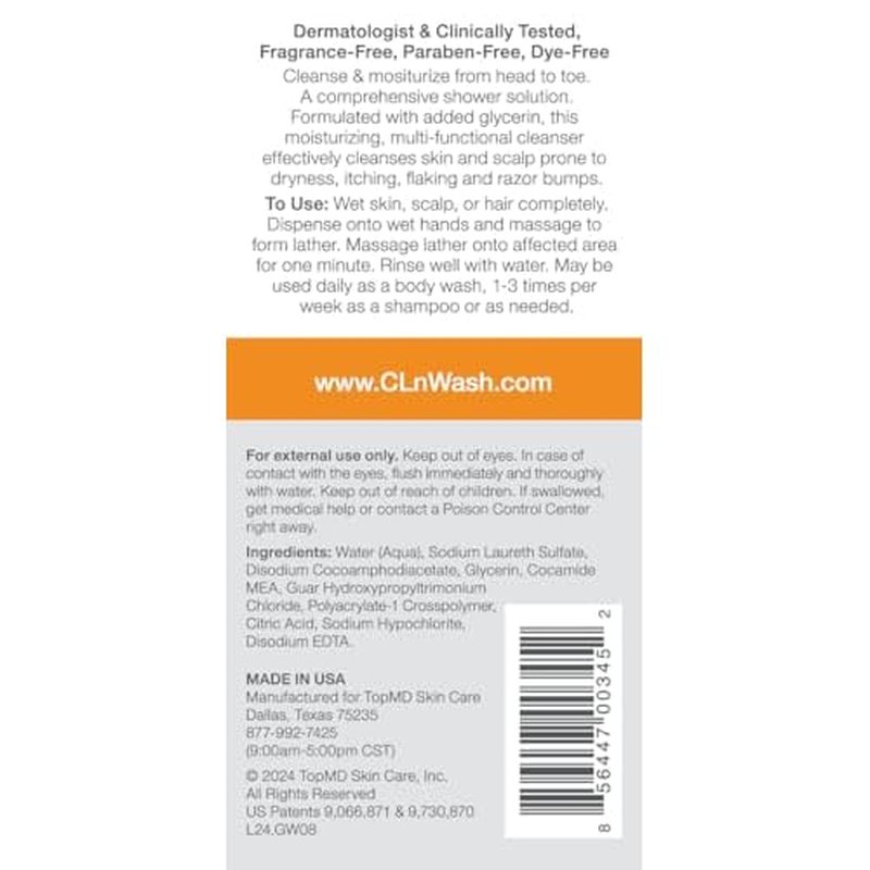 CLn¢ç 2-in-1 Gentle Wash & Shampoo- Multi-functional Cleanser for Skin & Scalp Prone to Irritation, Flaking, Itching, Dryness & Razor Bumps, Fragrance-Free & Paraben-Free, 8 fl. oz.