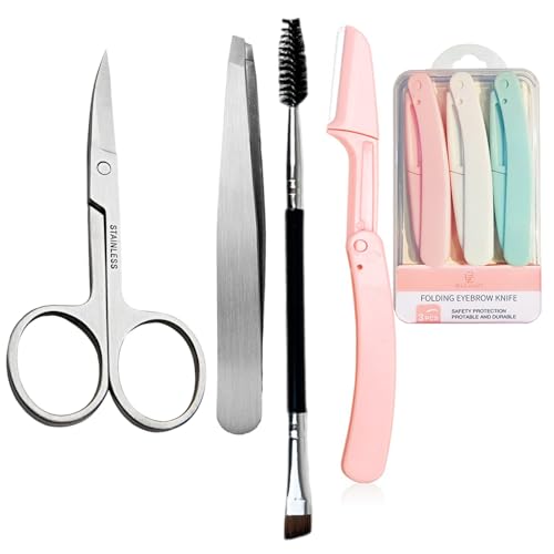 Eyebrow Razor, Hysotok Eyebrow Trimmer Kit with Stainless Steel Eyebrow Scissors Eyebrow Tweezers and Dual Angled Eyebrow Brush for Precise Eyebrow Grooming for Women