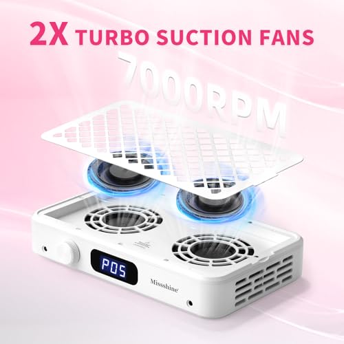 Missshine Nail Dust Collector with Dual Turbines 7000RPM, 5-Speed Nail Fan & Filter Papers
