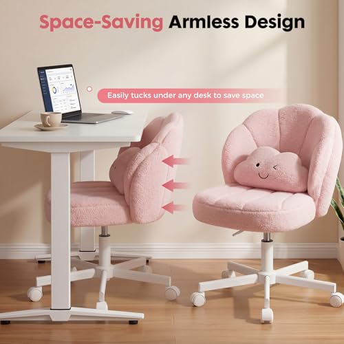 COMHOMA Pink Petal Vanity Chair with Wheels – Adjustable Teddy Fleece Desk Chair