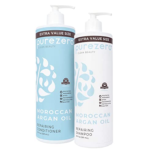 Purezero Moroccan Argan Oil Shampoo & Conditioner Set 20 Fl Oz Pack of 2 - Repair Damaged Hair & Fight Dandruff