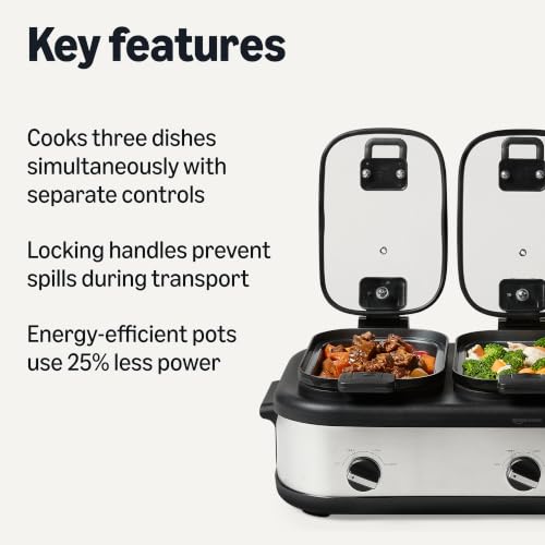 Triple Slow Cooker with Ceramic Nonstick Coating - 3 x 2.5 Quart Crock Pot with Locking Handles & Glass Lids